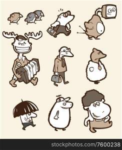 The set of a funny creatures. They are all different: stupid, happy, sad, confused etc.