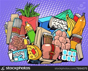 the set of products and food goods pop art retro style. Meat fish sausage greens vegetables fruit bananas onions cream butter milk yogurt eggs cheese pasta spaghetti potato canned food Bank. the set of products and food goods