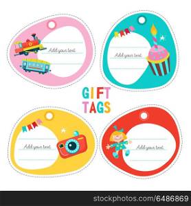 The set of tags, labels. Children&rsquo;s toys. The locomotive, a carriage, a cake with a candle, a doll.. A set of childrens toys. Vector illustration