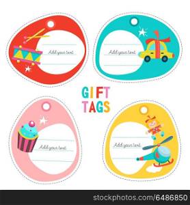 The set of tags, labels. Childrens toys. Drum, cake with a candl. The set of tags, labels. Childrens toys. Drum, cake with a candle, doll, car, helicopter. Vector illustration.