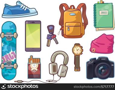 The set of the different vector clothes and accessories. There are: sneaker, watch, keys, smartphone, DSLR camera, headphones, skateboard deck, backpack, beanie headwear, notepad with a bookmarks and a pack of cigarettes.