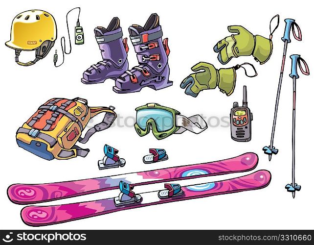 The set of the equipment of a backcountry freerider: the freeride ski, the bindings, the ski boots, the hard hat with the good ride music, the goggles, the backpack with two ski poles, the gloves and the waterproof high range radio.