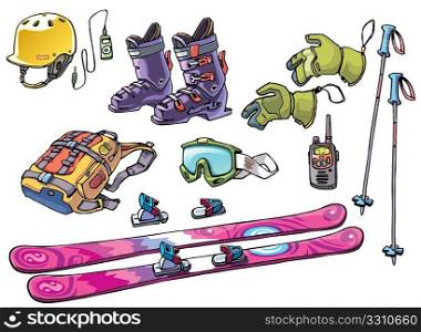The set of the equipment of a backcountry freerider: the freeride ski, the bindings, the ski boots, the hard hat with the good ride music, the goggles, the backpack with two ski poles, the gloves and the waterproof high range radio.