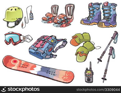 The set of the equipment of a backcountry freerider: the freeride snowboard deck, the bindings, the snowboard boots, the hard hat with the good ride music, the goggles, the backpack with two tracking poles, the gloves and the waterproof high range radio.