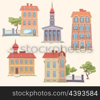The set of the old but classic vector buildings. There are the residence &#xA;building, the apartment houses, the small parks and the city hall.&#xA;&#xA;Editable vector EPS v10.0. Your votes are appreciated as always. Enjoy!