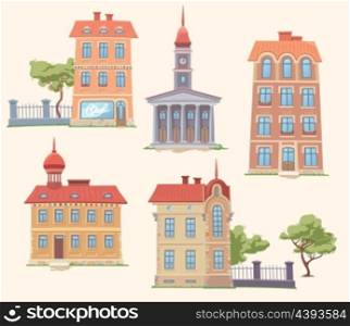 The set of the old but classic vector buildings. There are the residence &#xA;building, the apartment houses, the small parks and the city hall.&#xA;&#xA;Editable vector EPS v10.0. Your votes are appreciated as always. Enjoy!