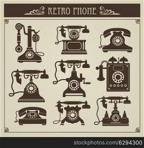 The set of vector vintage phones on a gray background