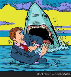 The shark attacks the businessman. Man afraid. Pop art retro vector illustration drawing. The shark attacks the businessman. Man afraid