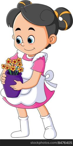 The shy girl is holding a flower vase while wearing apron