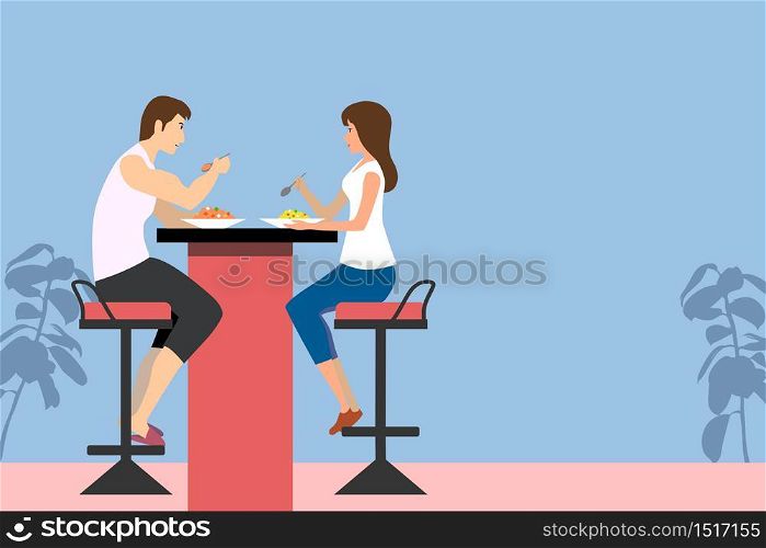 The side view illustration of A couple are eating the meal together.