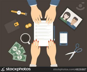 The signing of the contract in flat style. Vector illustration