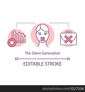 The Silent Generation concept icon. Speechless girl, falling chart, briefcase. Gender inequality. Harassment at workplace idea thin line illustration. Vector isolated outline drawing. Editable stroke
