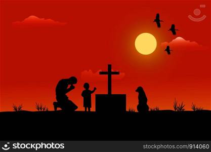The silhouette of a man and a child has a dog beside him. Being sad at the grave Has a sunset background