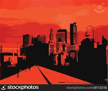 The silhouette of city road on red background