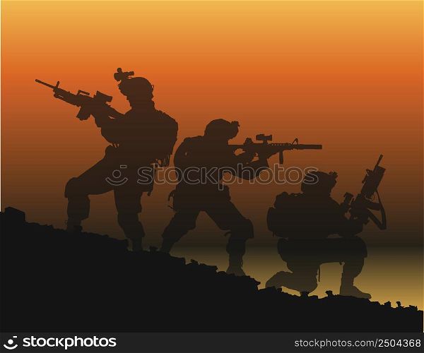 the silhouette of soldiers fighting with guns