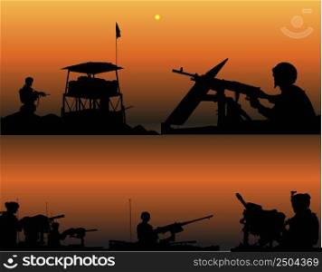 the silhouette of soldiers holding guns guard the border
