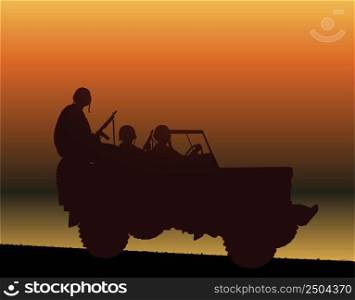 the silhouette of soldiers on the jeep