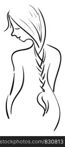 The silhouette of the back side of a beautiful woman with pigtail plaited hair turning her face to the left vector color drawing or illustration