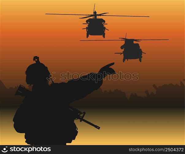 The silhouettes of 2 helicopters flying with the soldiers