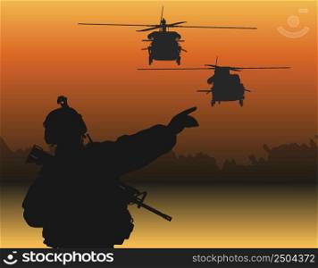 The silhouettes of 2 helicopters flying with the soldiers