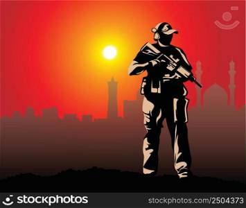 The silhouettes of a soldier standing guard for the city