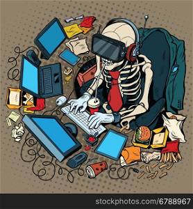 The skeleton programmer in virtual reality, pop art retro vector illustration. Work on the computer and games. Humorous concept of engagement in new technologies