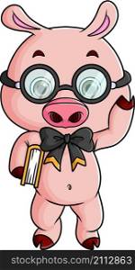 The smart pig is holding a book and wearing glasses