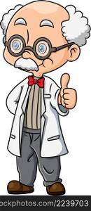 The smart professor with the laboratory coat is giving the thumb up