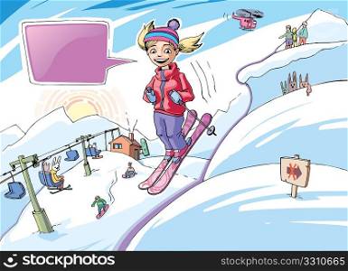 The smiling girl is freeriding in the big mountains (the purple bubble and the warning sign is placed on the separate layers).