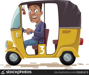 The smiling indian rickshaw is driving his three-wheeled vehicle. He is looking at camera.&#xA;Editable vector EPS v10.0