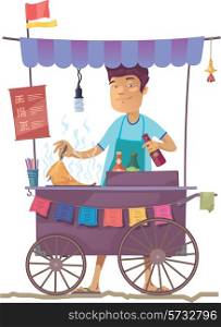 The smiling young asian cook is preparing the tasty pancake on his outdoor mobile street kitchen. He is looking at camera.The hieroglyphs in the menu are only stylization.