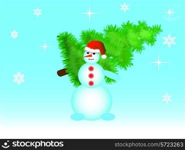 The snowman bears a green Christmas fur-tree a vector