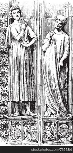The south portal statues Strasbourg Cathedral, Late thirteenth century, vintage engraved illustration. Industrial encyclopedia E.-O. Lami - 1875.