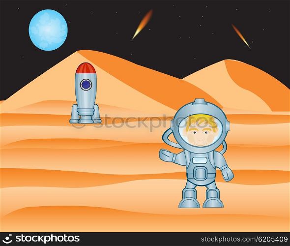The Spaceman on distant red planet.Vector illustration. Spaceman on mars