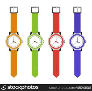 The sports and fashion watches, set hours of different colors with an electronic dial. Vector illustration.