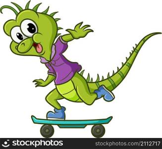 The sporty iguana is doing the skateboard