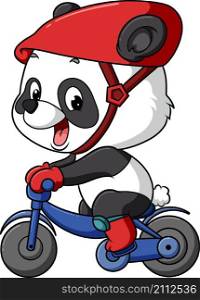 The sporty panda is cycling with the small bicycle