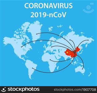 The spread of the coronavirus from the Chinese city of Wuham to other countries in Asia and America. Vector illustration in flat style.. The spread of the coronavirus from the Chinese city of Wuham to other countries in Asia and America