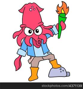 the squid monster stood with an aggressive carrying a flame torch