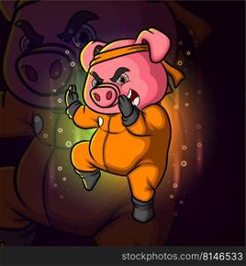 The strong kung fu pig is doing the attraction esport mascot logo design