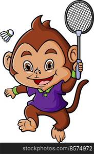 The strong monkey is playing the badminton and holding the racket 