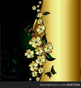 The stylised flowers and leaves with flying butterflies on a gold and green background