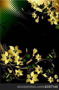 The stylised flowers and leaves with flying butterflies on a gold and green background