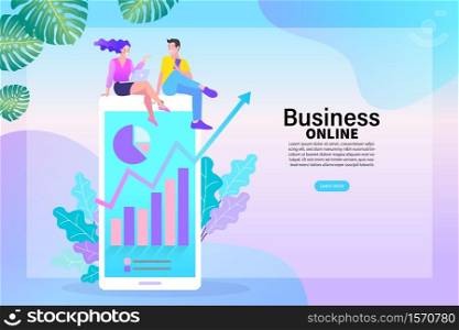 The success of teamwork Via mobile phone. Business partnership concept in flat vector illustration.