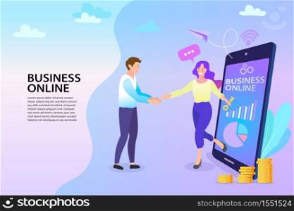 The success of teamwork Via mobile phone. businessman and businesswoman handshake. Business partnership concept in flat vector illustration.