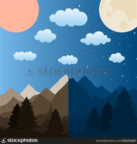 The sun and the moon over mountains. A vector illustration