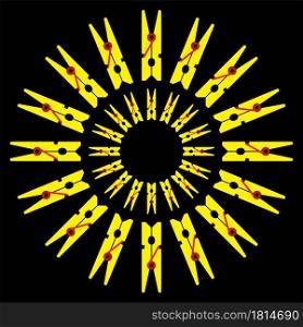 the sun from yellow clothespins on a black background. Vector illustration