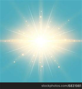The sun in the blue sky vintage background with lighting effect Vector illustration