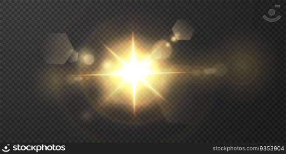 The sun is shining bright light rays with realistic glare. Light star on a transparent black background.. The sun is shining bright light rays with realistic glare. 