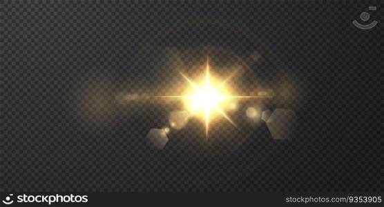 The sun is shining bright light rays with realistic glare. Light star on a transparent black background.. The sun is shining bright light rays with realistic glare. 